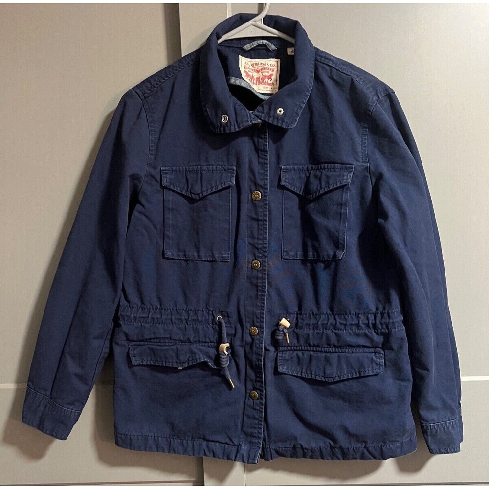 Levi’s Women Waist Tie Button Up Utility Chore Coat Navy Blue Size Small